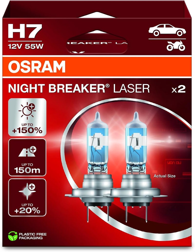 OSRAM لايت بريكر ليزر H7، +150% أكثر سطوعًا لمصباح المصابيح الأمامية الهالوجين، 64210NL-2HB، 12 فولت، صندوق قابل للطي معلق (2 مصابيح) - Image 1